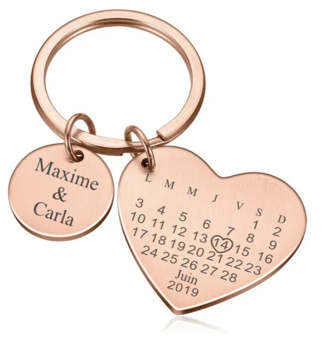 Porte clé calendrier date personnalisé en métal acier inoxydable